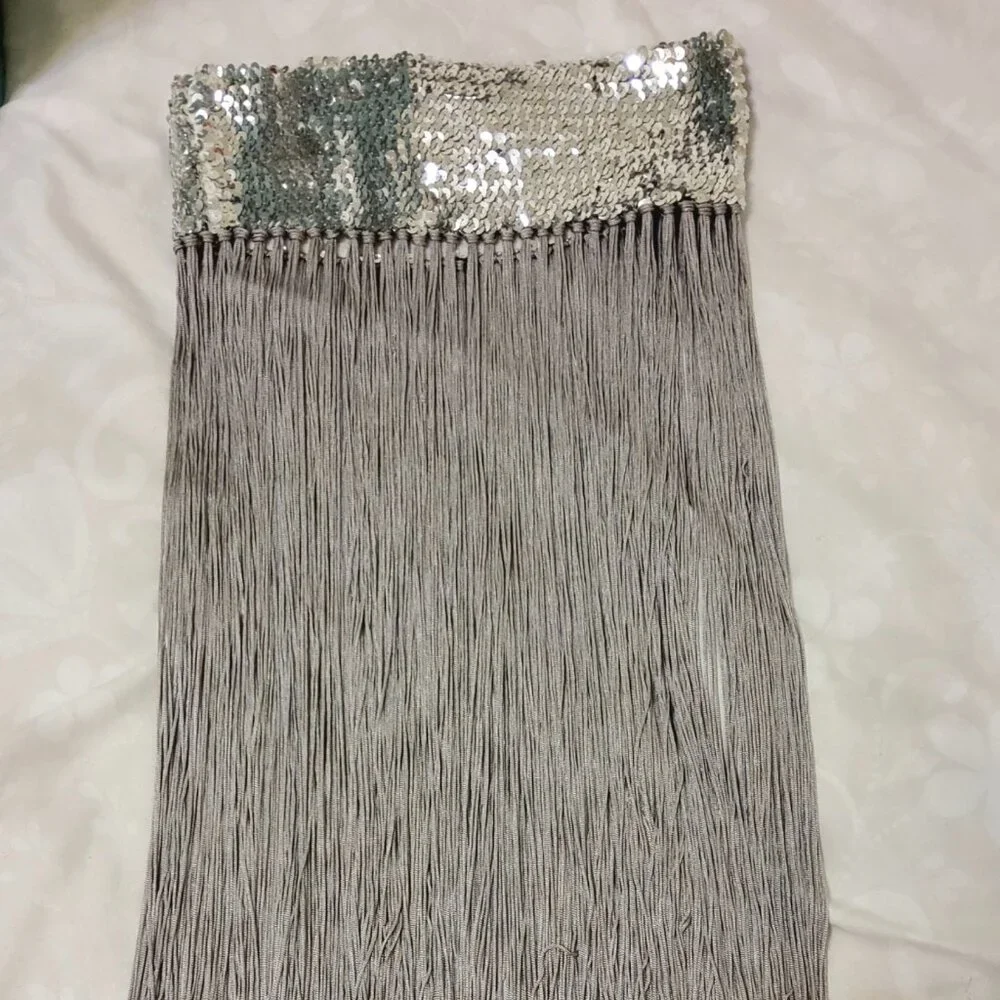 Silver Sequin Fringe Belt Circle Hip Wrap Embelished Festival Rave Scarf EUC